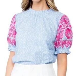 THML Light Blue Top with Pink Embroidered Puff Sleeves